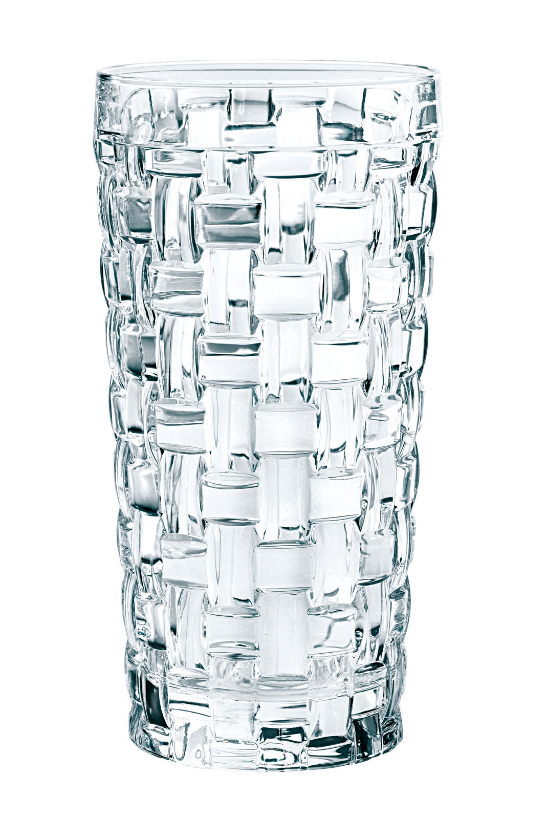 Ein Longdrinkglas mit einem eleganten, geflochtenen Design aus klarem Glas, frontal abgebildet.
