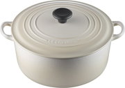 Runder Bräter 28cm von oben, cremefarben mit schwarzem Knauf, Marke Le Creuset