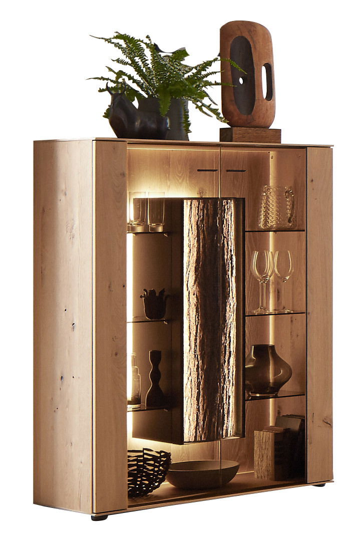 Hochwertiges Highboard aus Holz mit Glaseinsätzen, dekoriert mit Pflanzen und Kunstobjekten, seitliche Perspektive