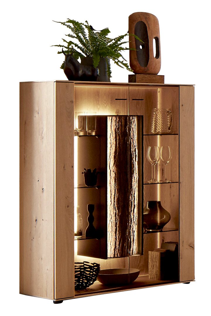 Hochwertiges Highboard aus Holz mit Glaseinsätzen, dekoriert mit Pflanzen und Kunstobjekten, seitliche Perspektive