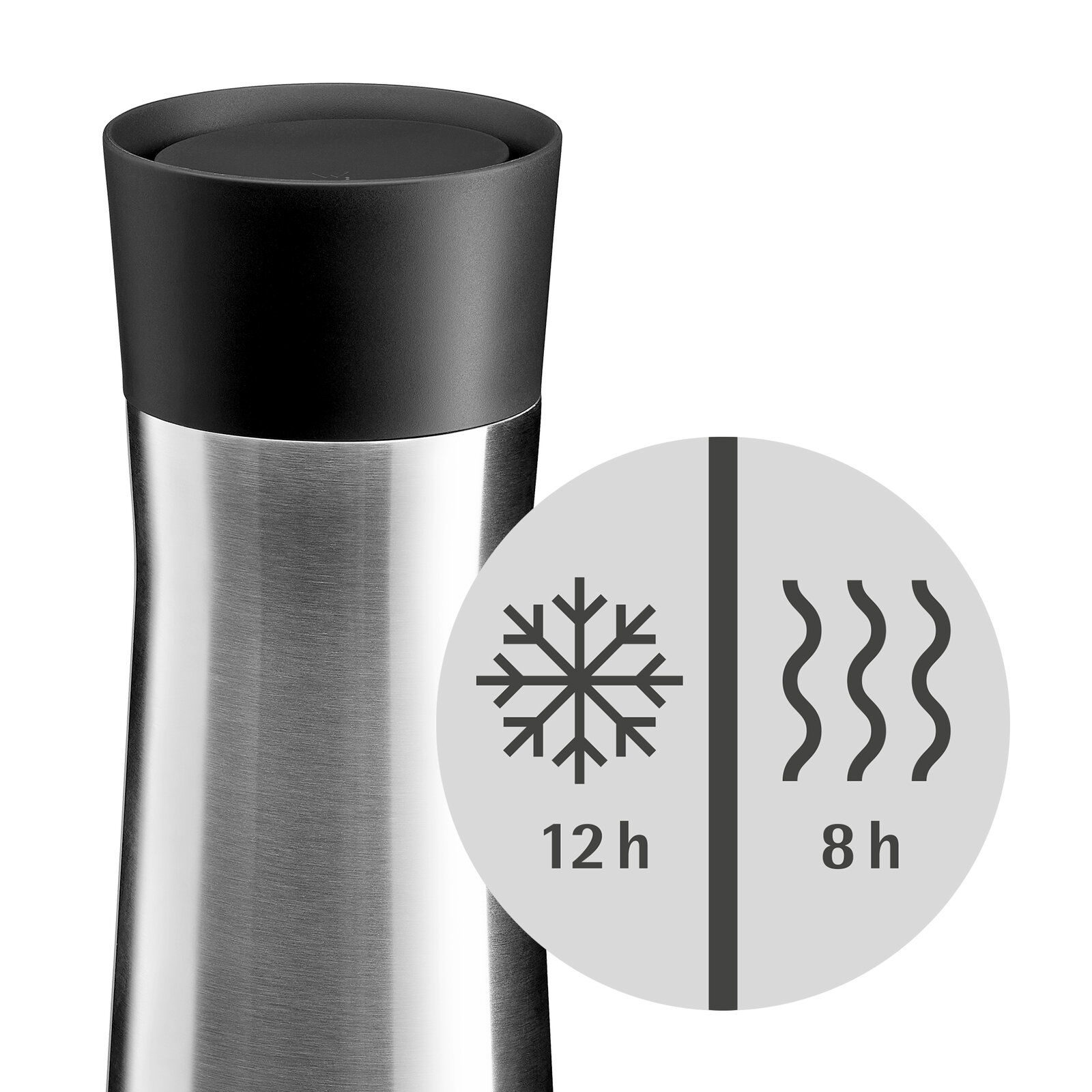 Impulse Isolierbecher 0,35l in Edelstahloptik mit schwarzem Deckel, hält Getränke 12 Stunden kalt und 8 Stunden warm, seitliche Ansicht