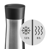 Impulse Isolierbecher 0,35l in Edelstahloptik mit schwarzem Deckel, hält Getränke 12 Stunden kalt und 8 Stunden warm, seitliche Ansicht
