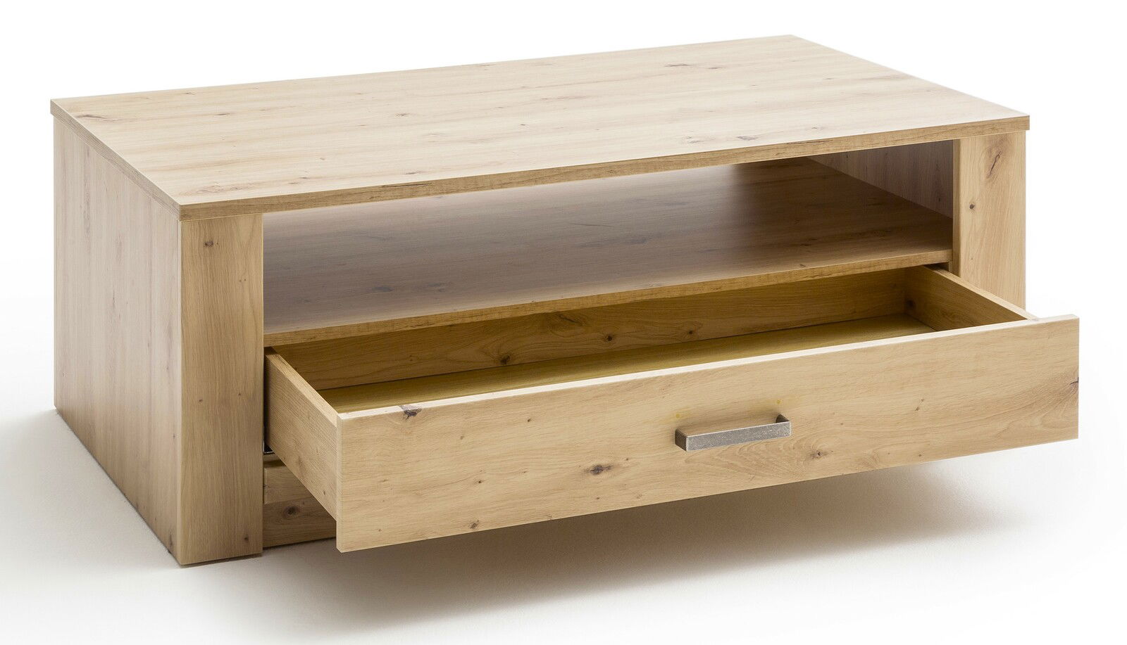 Holz-Couchtisch mit Schublade und Ablagefach, Perspektive von vorne links