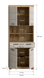Hoher Holzschrank in Eiche-Optik mit weißen Fronten, geöffneten Türen und Schublade, Innenfächern und Maßangaben (Höhe 191 cm, Breite 74 cm, Tiefe 31 cm), dargestellt in frontaler Perspektive.