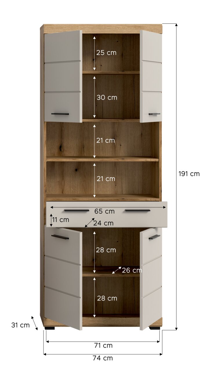 Hoher Holzschrank in Eiche-Optik mit weißen Fronten, geöffneten Türen und Schublade, Innenfächern und Maßangaben (Höhe 191 cm, Breite 74 cm, Tiefe 31 cm), dargestellt in frontaler Perspektive.