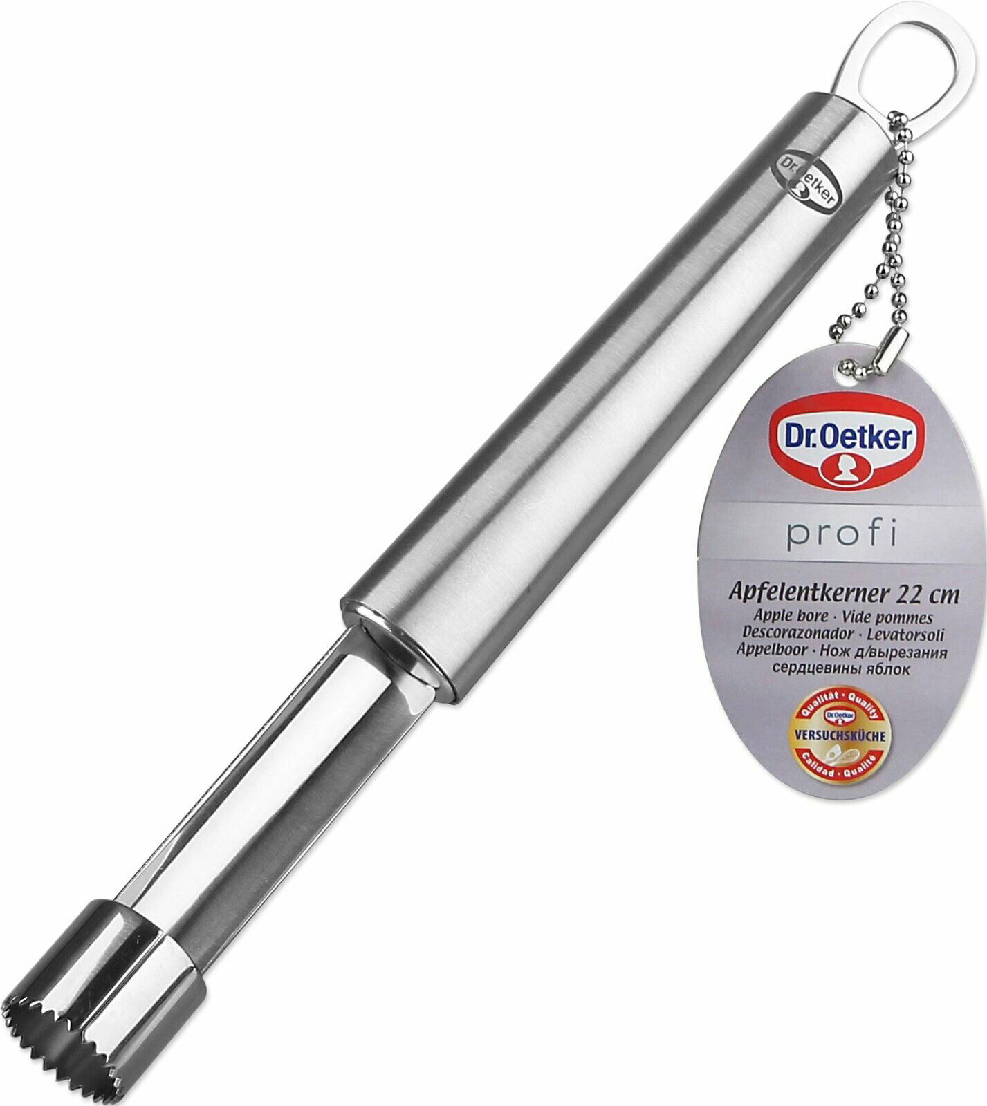 Apfelentkerner aus Edelstahl, 22 cm, mit Etikett von Dr. Oetker, seitliche Perspektive