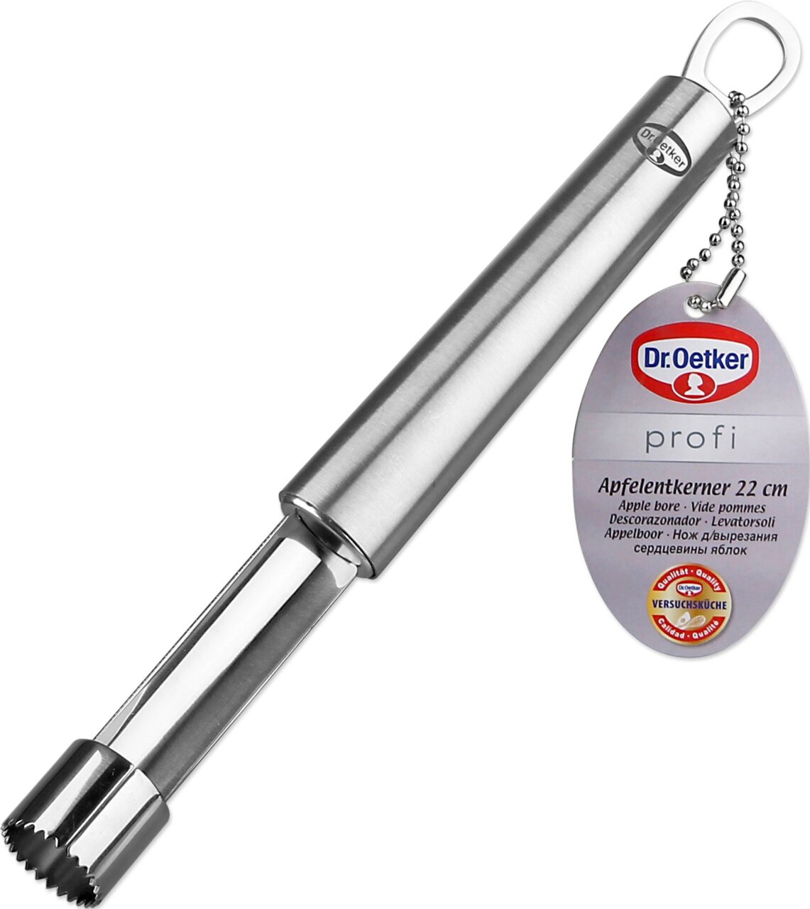 Apfelentkerner aus Edelstahl, 22 cm, mit Etikett von Dr. Oetker, seitliche Perspektive