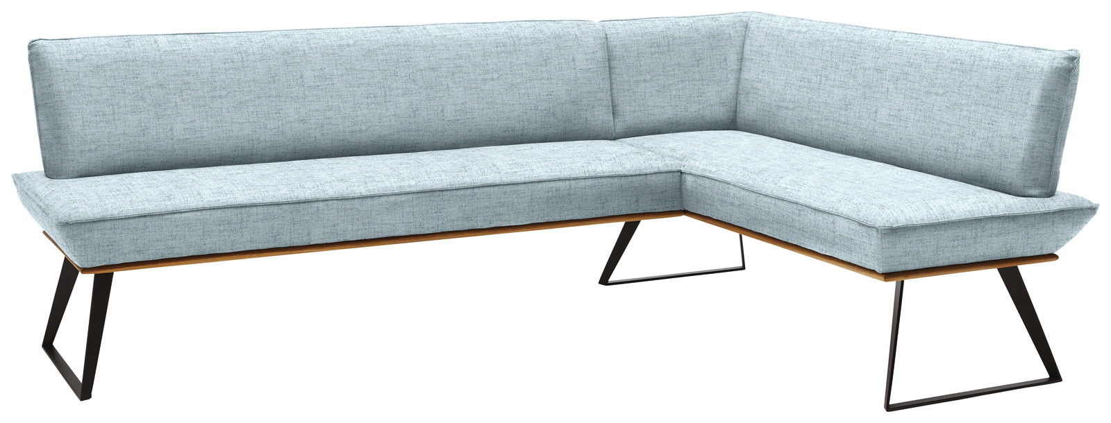 Voleo Eckbank 243x183 cm MALIBU Eckbank in hellblauem Stoffbezug mit schwarzem Metallgestell, Perspektive von vorne links