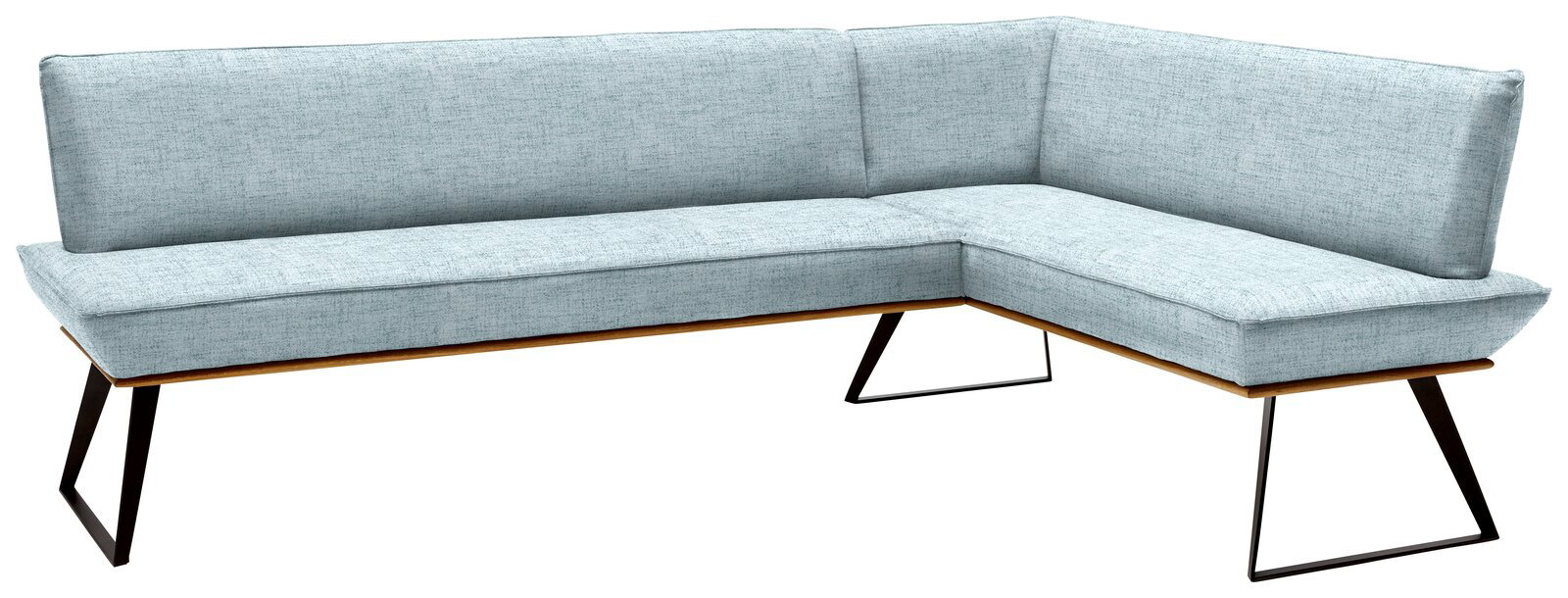 Voleo Eckbank 243x183 cm MALIBU Eckbank in hellblauem Stoffbezug mit schwarzem Metallgestell, Perspektive von vorne links