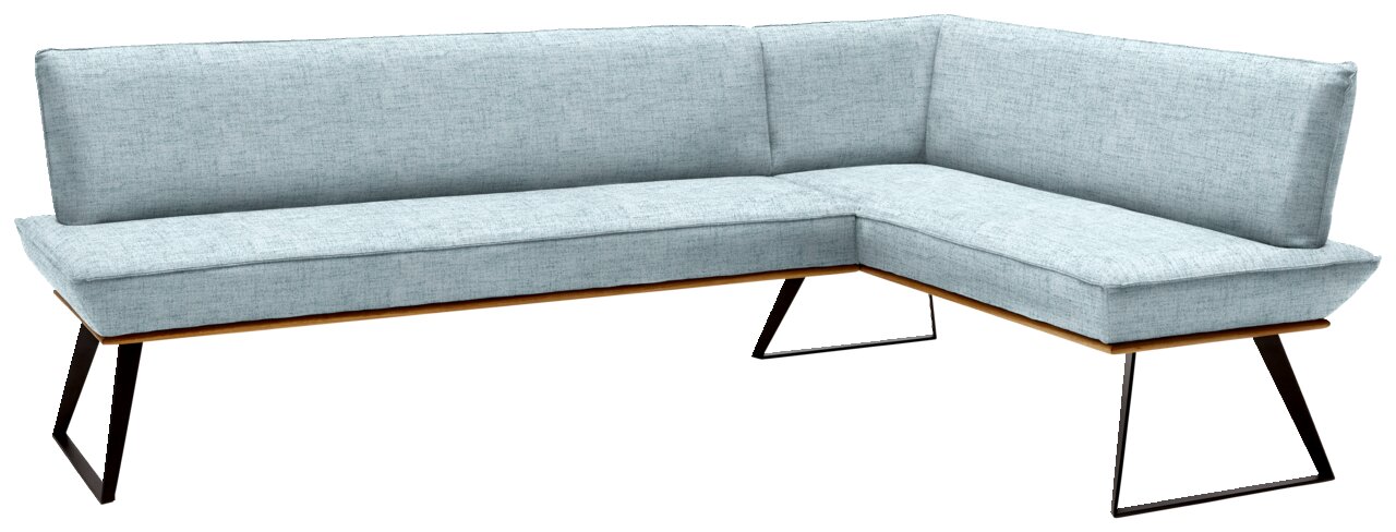 Voleo Eckbank 243x183 cm MALIBU Eckbank in hellblauem Stoffbezug mit schwarzem Metallgestell, Perspektive von vorne links