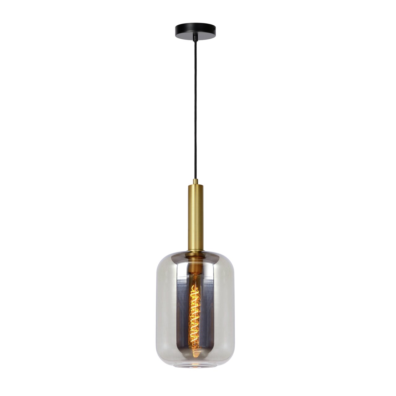 Moderne Pendelleuchte JOANET mit transparentem Glas und goldener Fassung, seitliche Perspektive