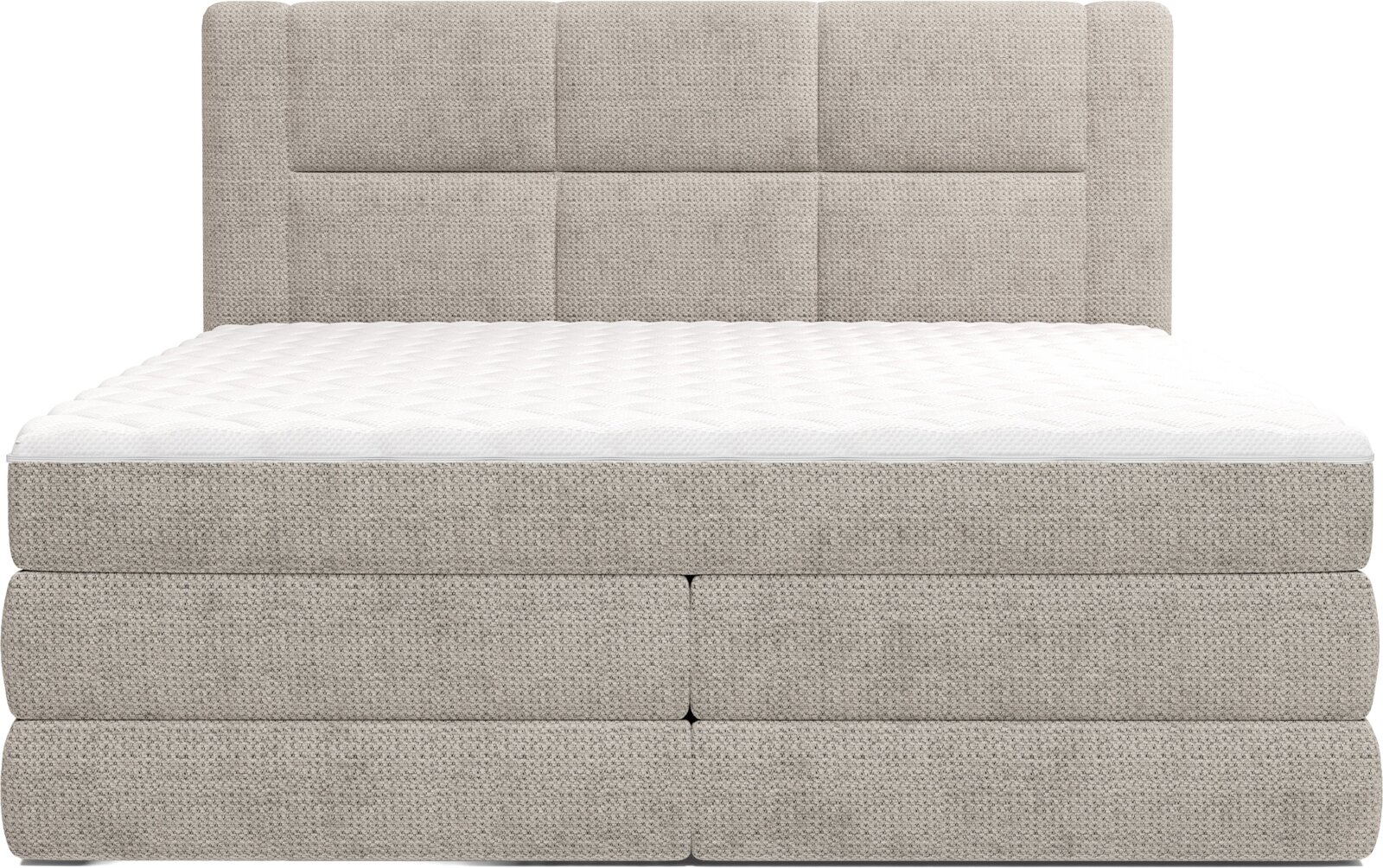 Gepolstertes Boxspringbett in hellgrauem Stoff mit hohem, rechteckig gestepptem Kopfteil und weißer Matratzenauflage, frontal aus der Vorderansicht