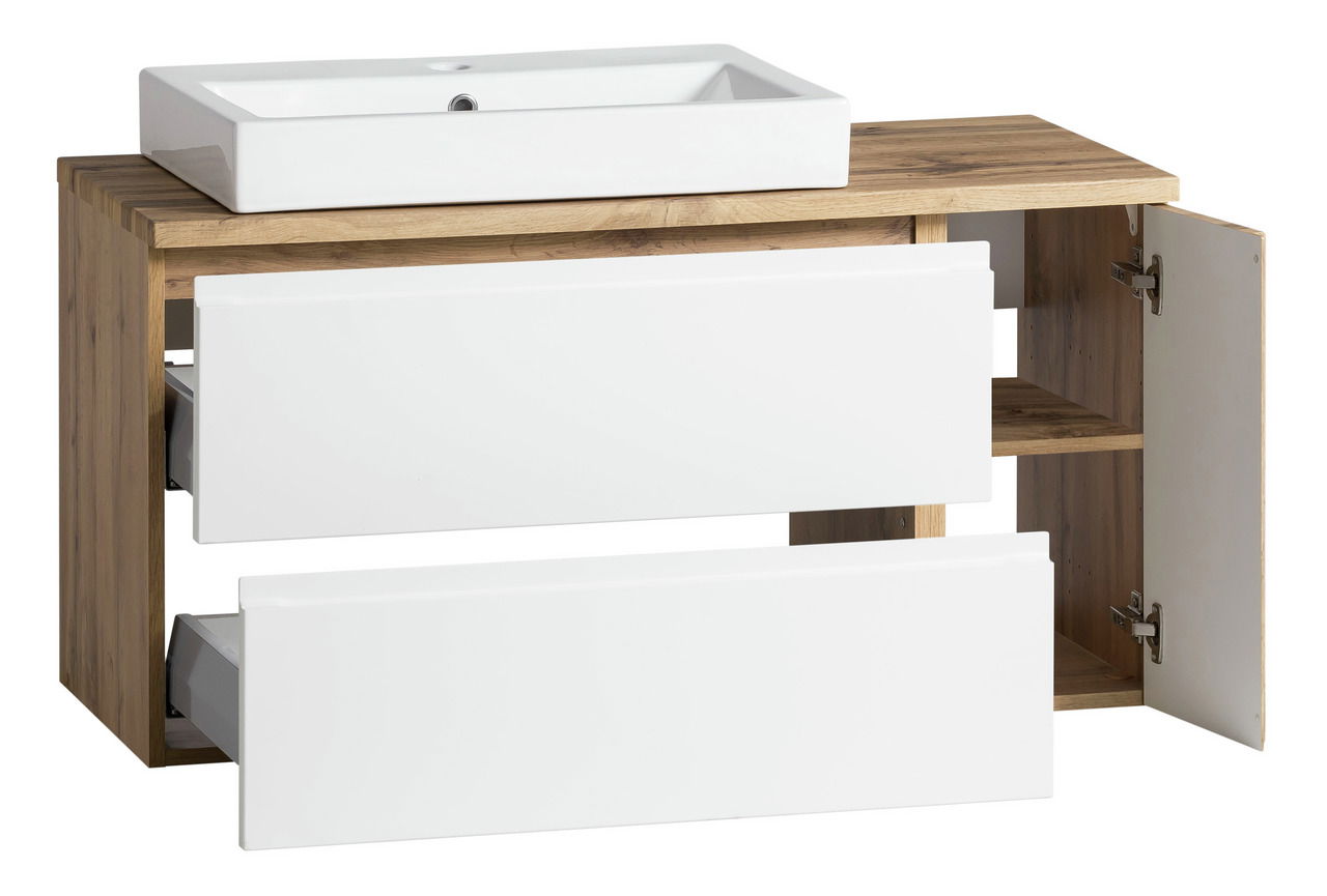 Waschtisch-Set 105 cm mit weißem Waschbecken und Holzunterschrank, Frontansicht