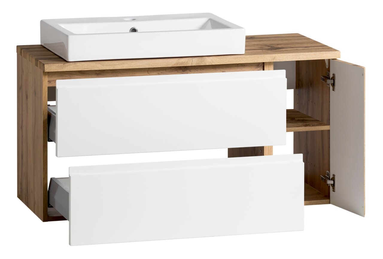 Waschtisch-Set 105 cm mit weißem Waschbecken und Holzunterschrank, Frontansicht