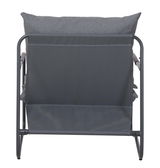 Rückansicht eines grauen Lounge-Sessels mit Metallrahmen und Kissen.