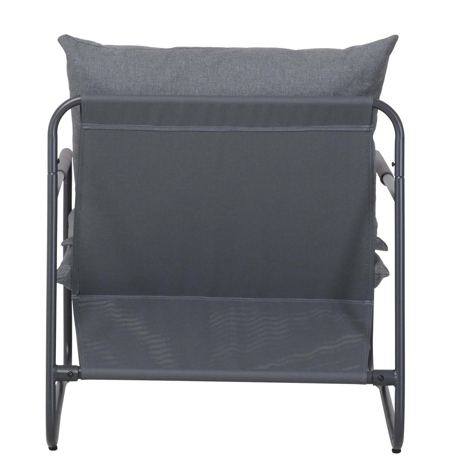 Rückansicht eines grauen Lounge-Sessels mit Metallrahmen und Kissen.