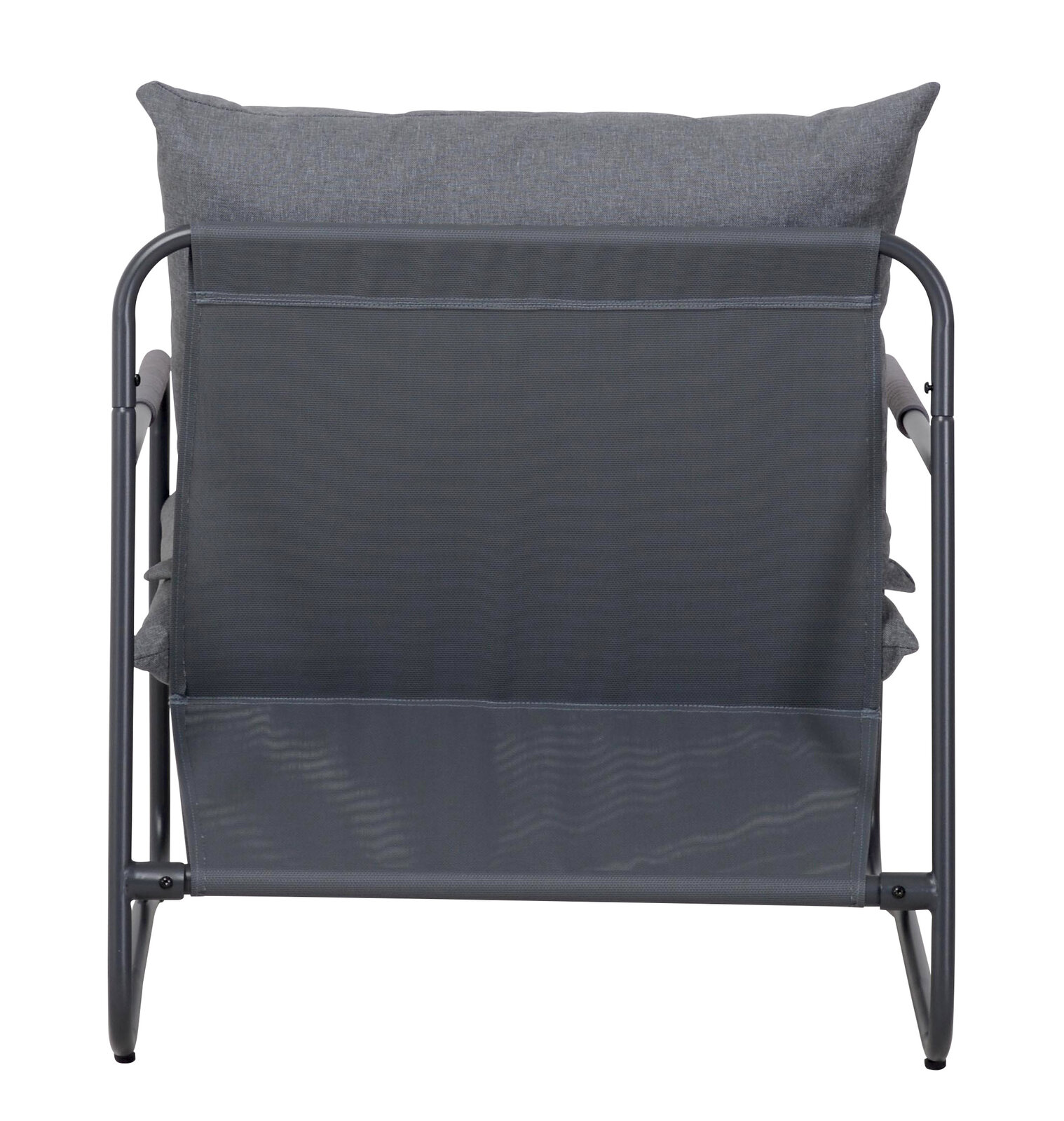 Rückansicht eines grauen Lounge-Sessels mit Metallrahmen und Kissen.