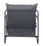 Rückansicht eines grauen Lounge-Sessels mit Metallrahmen und Kissen.