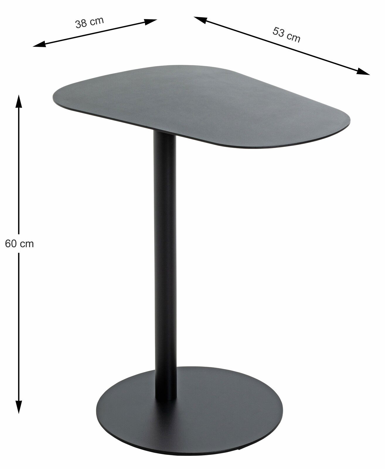 Moderner schwarzer Beistelltisch mit asymmetrischer Tischplatte, runder Basis und schlankem Standbein, seitliche Perspektive.