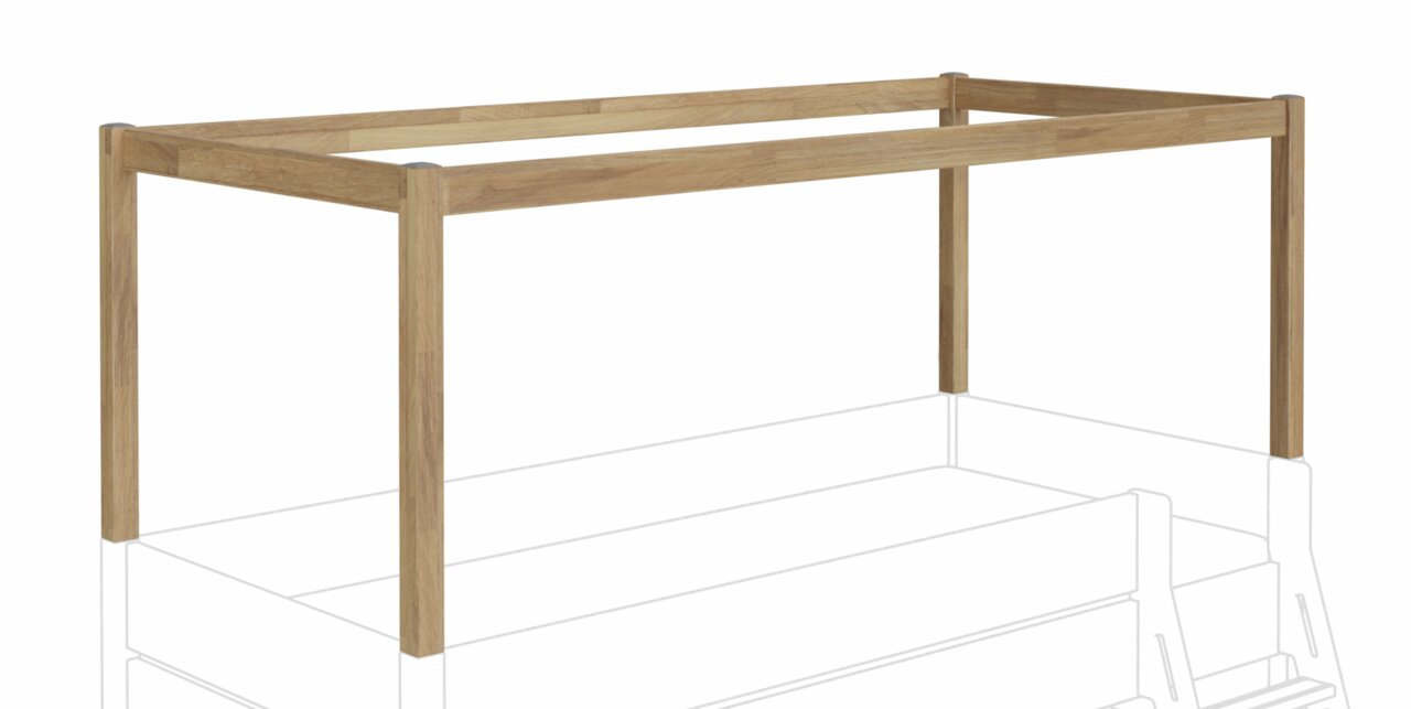 Holzrahmen für Baldachin-Aufbau, perspektivisch von vorne rechts gesehen.