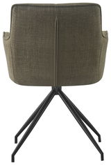 Rückansicht eines Armlehnstuhls mit olivgrünem Stoffbezug und schwarzen Metallbeinen.