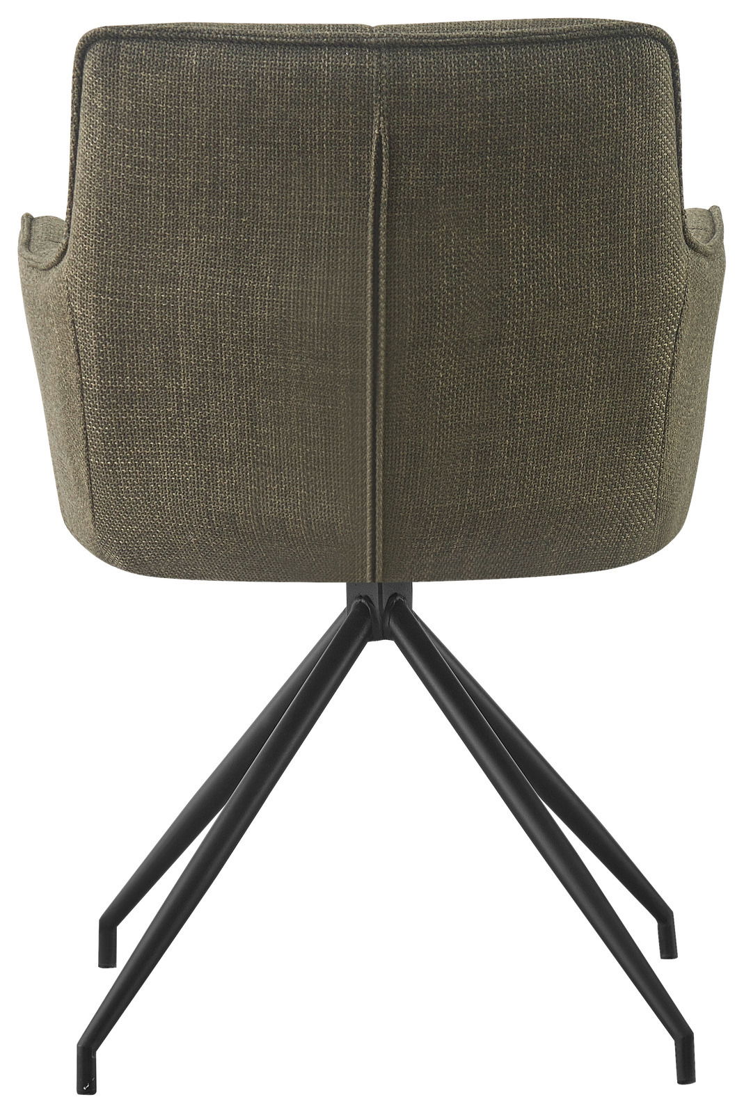 Rückansicht eines Armlehnstuhls mit olivgrünem Stoffbezug und schwarzen Metallbeinen.