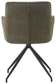 Rückansicht eines Armlehnstuhls mit olivgrünem Stoffbezug und schwarzen Metallbeinen.