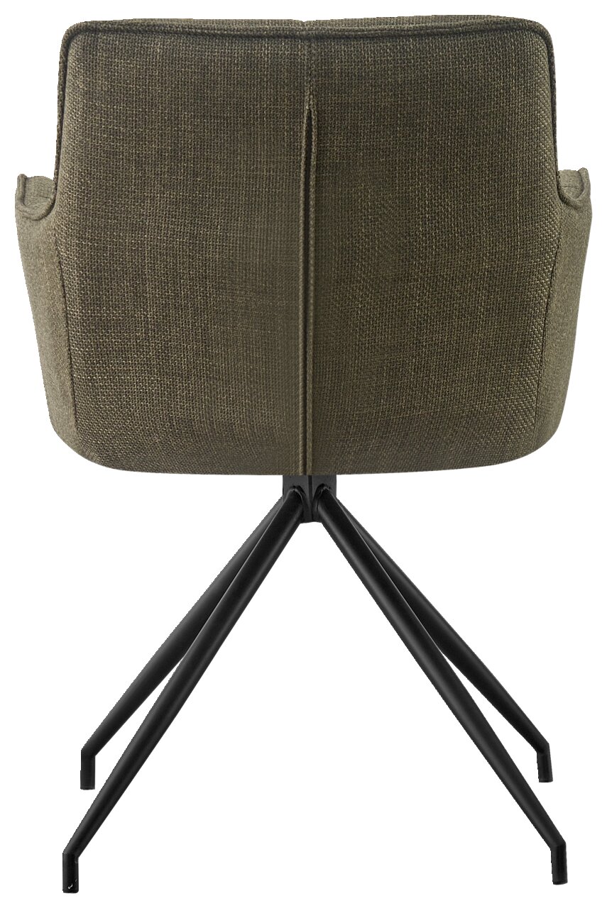 Rückansicht eines Armlehnstuhls mit olivgrünem Stoffbezug und schwarzen Metallbeinen.