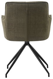 Rückansicht eines Armlehnstuhls mit olivgrünem Stoffbezug und schwarzen Metallbeinen.