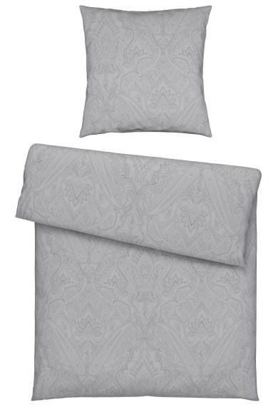 Bettwäsche-Set Paris in Anthrazit, bestehend aus einem Kissenbezug und einem Bettdeckenbezug, mit elegantem Muster, aus der Vogelperspektive.