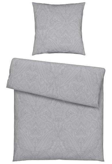 Bettwäsche-Set Paris in Anthrazit, bestehend aus einem Kissenbezug und einem Bettdeckenbezug, mit elegantem Muster, aus der Vogelperspektive.