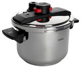 Schnellkochtopf 6,0 Liter von Woll, seitliche Perspektive mit Deckel und Griffen sichtbar