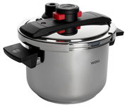 Schnellkochtopf 6,0 Liter von Woll, seitliche Perspektive mit Deckel und Griffen sichtbar