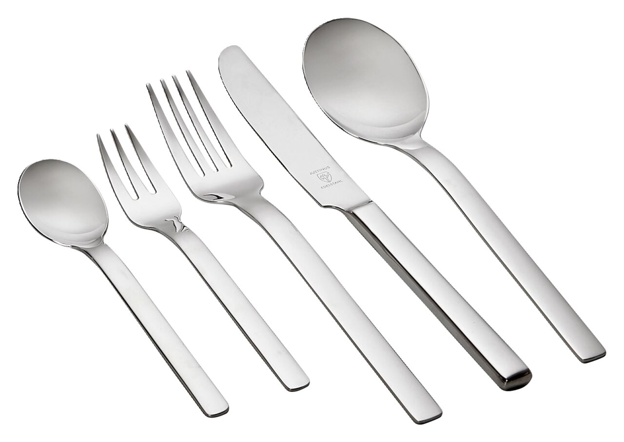 Set aus Edelstahlbesteck bestehend aus Löffel, Gabel und Messer, von schräg oben fotografiert.