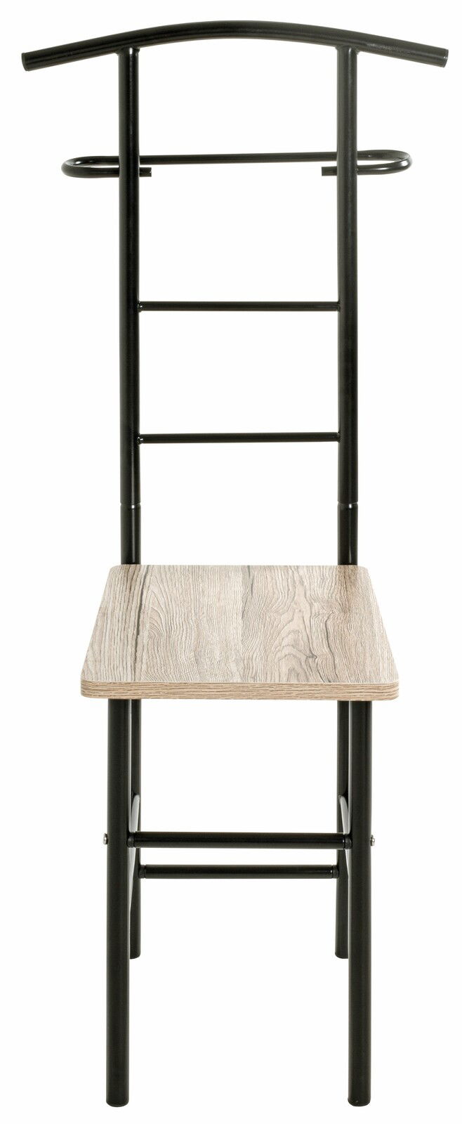 Vorderansicht eines Herrendieners mit schwarzem Metallrahmen und einer Sitzfläche aus Holz.
