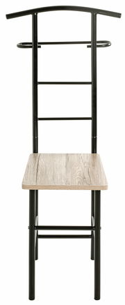 Vorderansicht eines Herrendieners mit schwarzem Metallrahmen und einer Sitzfläche aus Holz.