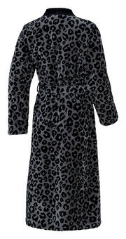 Rückansicht eines langen Bademantels mit Leopardenmuster in Schwarz und Grau.