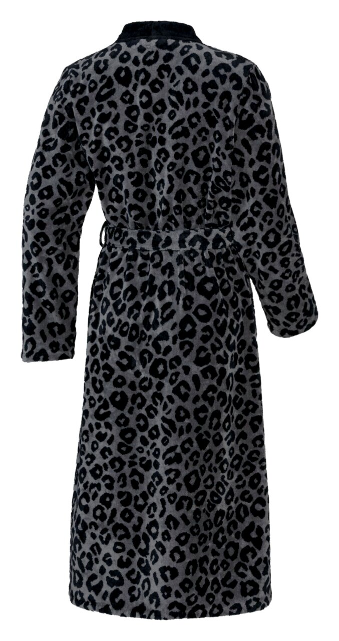 Rückansicht eines langen Bademantels mit Leopardenmuster in Schwarz und Grau.