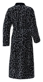 Rückansicht eines langen Bademantels mit Leopardenmuster in Schwarz und Grau.