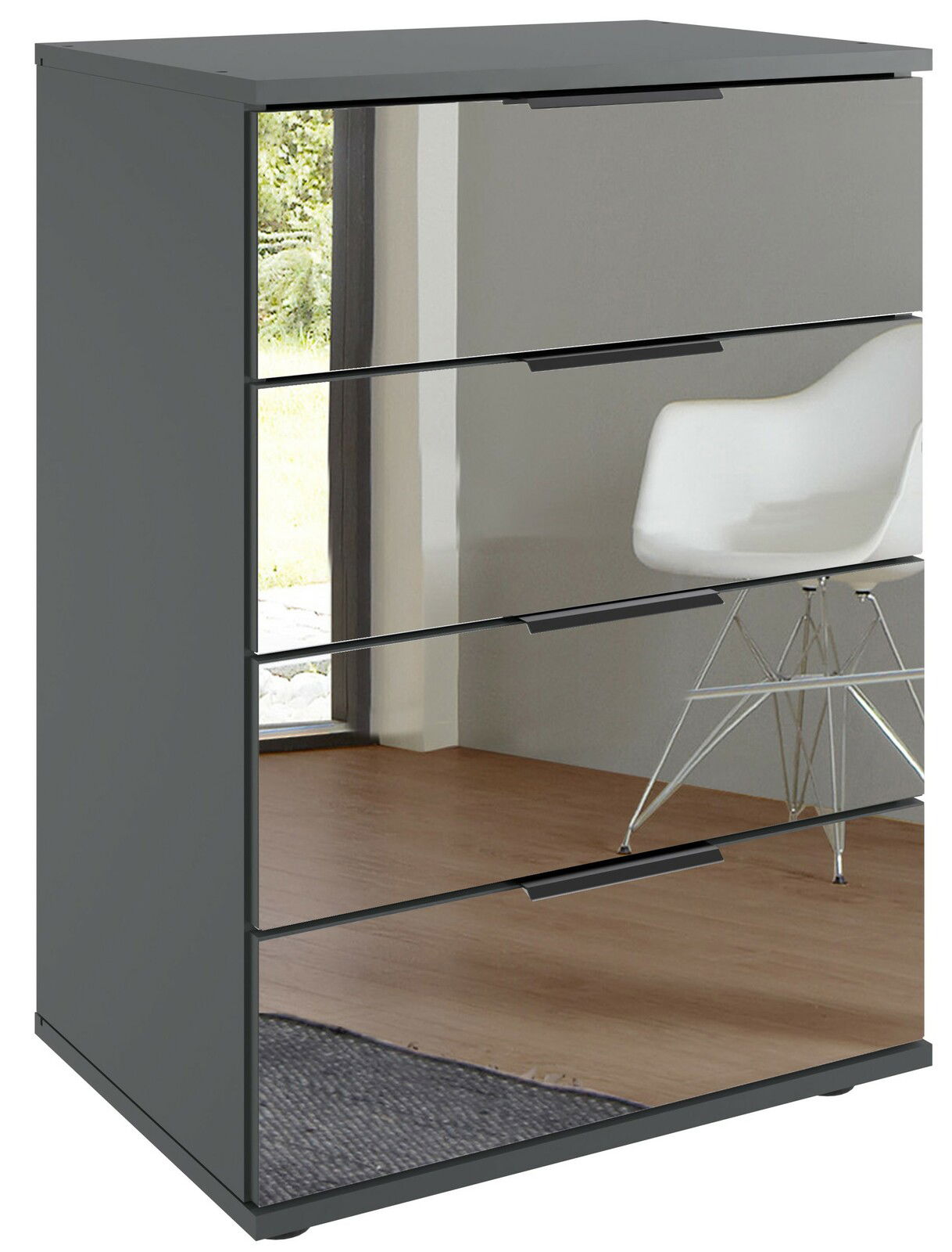 Moderne Nachtkommode mit spiegelnden Schubladenfronten, seitliche Perspektive