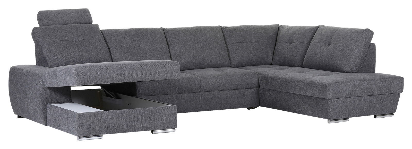 Graues Ecksofa mit Stauraum, linke Perspektive