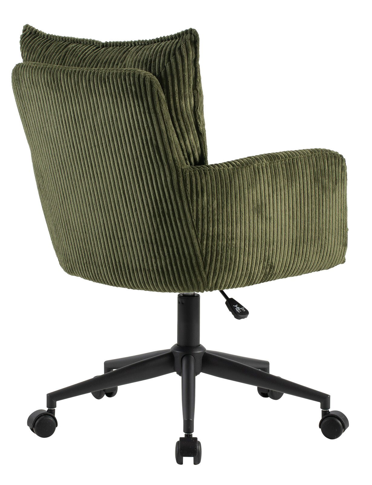 Grüner Drehstuhl aus Cordstoff, Rückansicht mit schwarzem Fußkreuz und Rollen