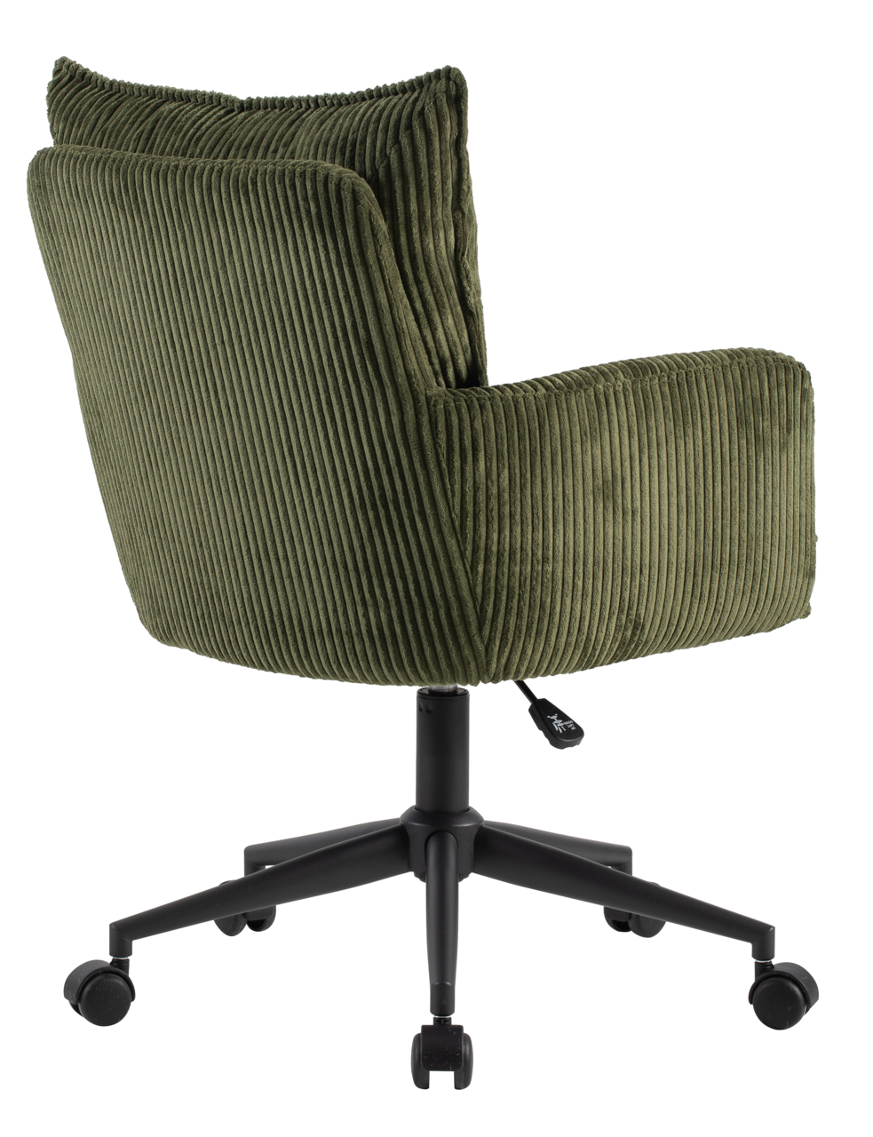 Grüner Drehstuhl aus Cordstoff, Rückansicht mit schwarzem Fußkreuz und Rollen
