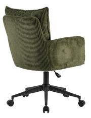Grüner Drehstuhl aus Cordstoff, Rückansicht mit schwarzem Fußkreuz und Rollen