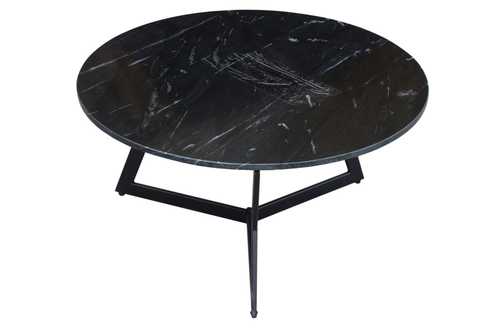 Runder Couchtisch mit schwarzer Marmoroptik und Metallgestell, Ansicht von oben