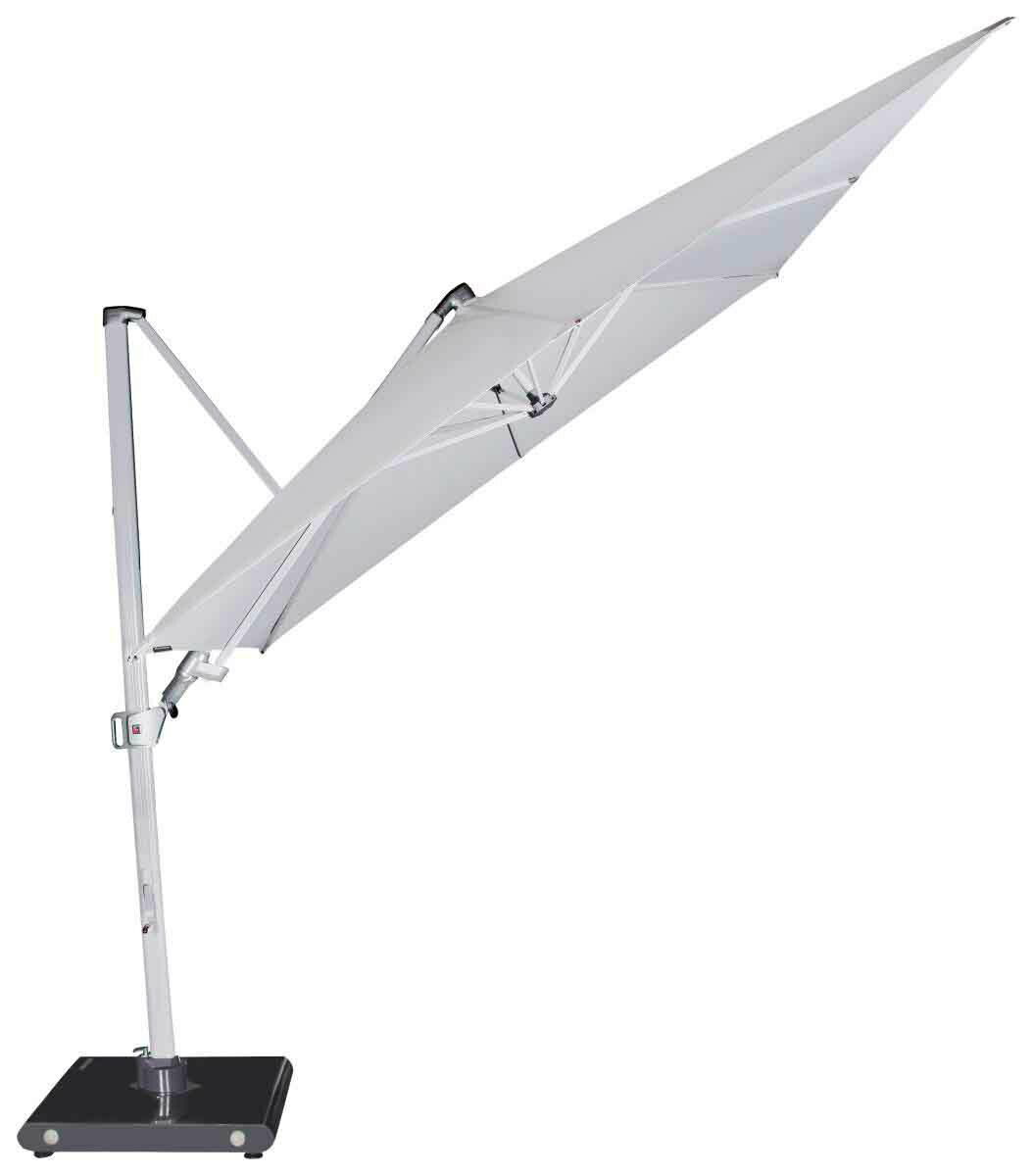 Seitliche Ansicht eines modernen Pendelschirms mit stabilem Standfuß und elegantem Design.