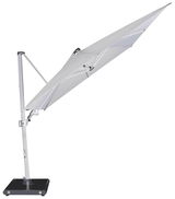 Seitliche Ansicht eines modernen Pendelschirms mit stabilem Standfuß und elegantem Design.