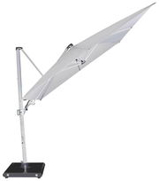 Seitliche Ansicht eines modernen Pendelschirms mit stabilem Standfuß und elegantem Design.