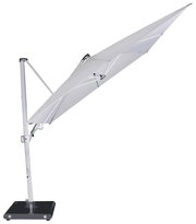 Seitliche Ansicht eines modernen Pendelschirms mit stabilem Standfuß und elegantem Design.