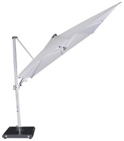 Seitliche Ansicht eines modernen Pendelschirms mit stabilem Standfuß und elegantem Design.